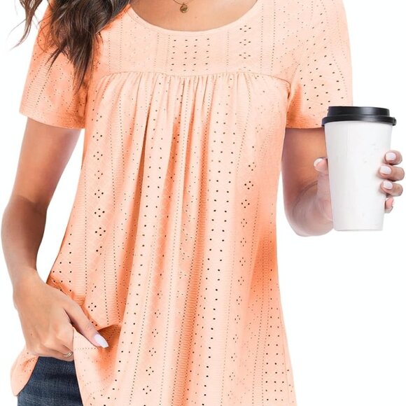 Women's Tunic Tops Loose Fit Short Sleeve Shirts Crew Neck Summer Casual Tops - Picture 1 of 4